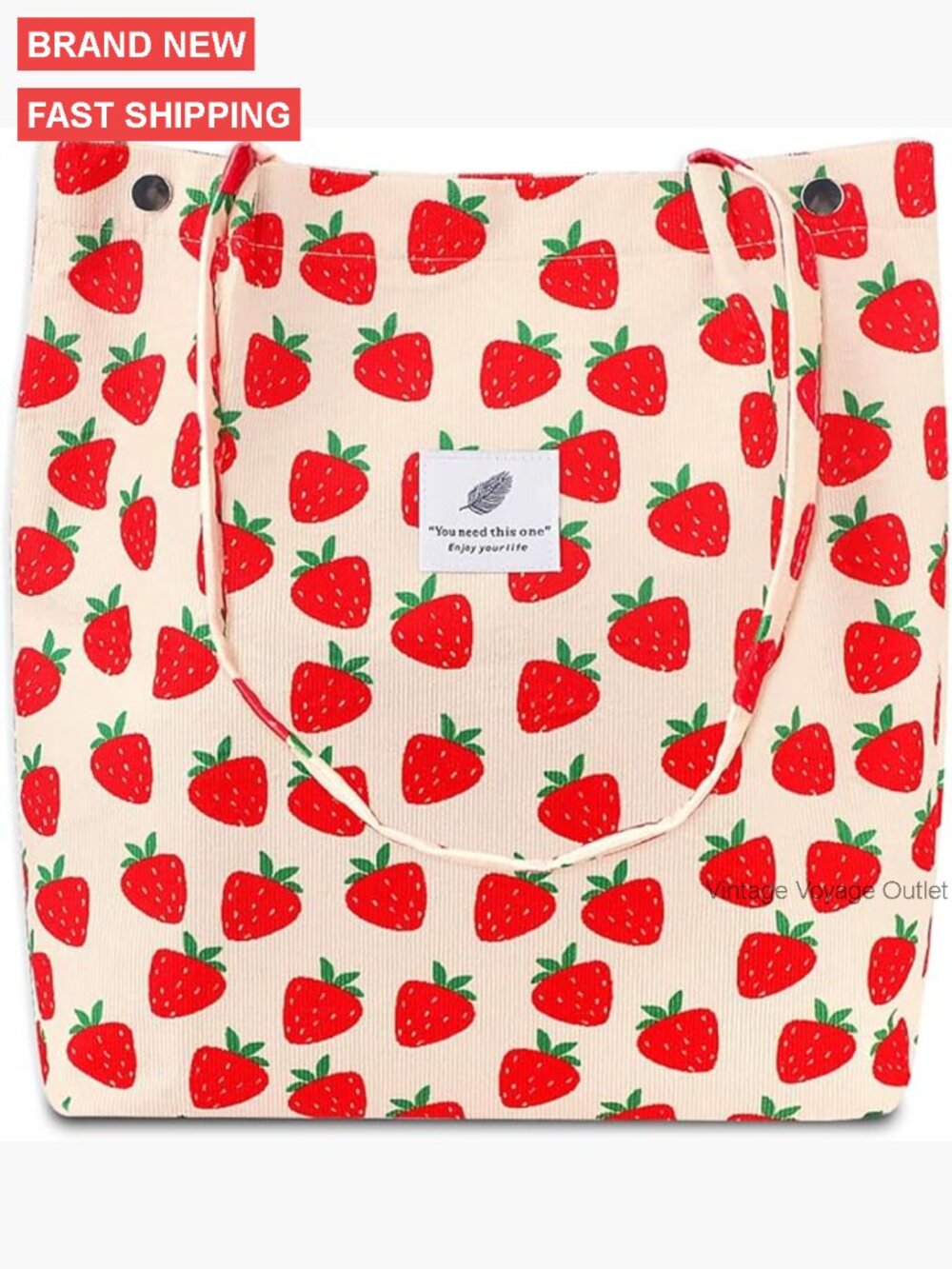 Large Corduroy Tote Bag with Cow Print, 3 Pockets, Lightweight